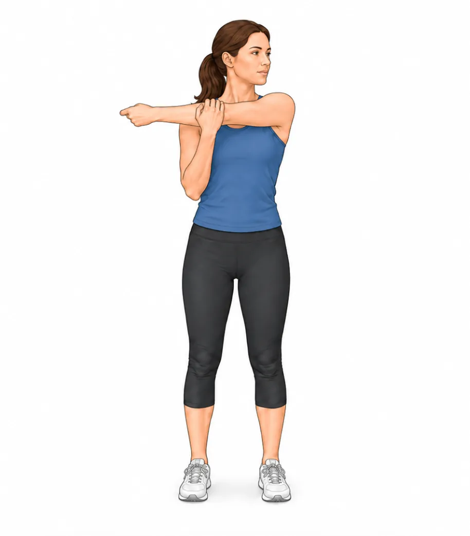 Mujer cruzando el brazo sobre el pecho para estirar la cápsula posterior del hombro congelado