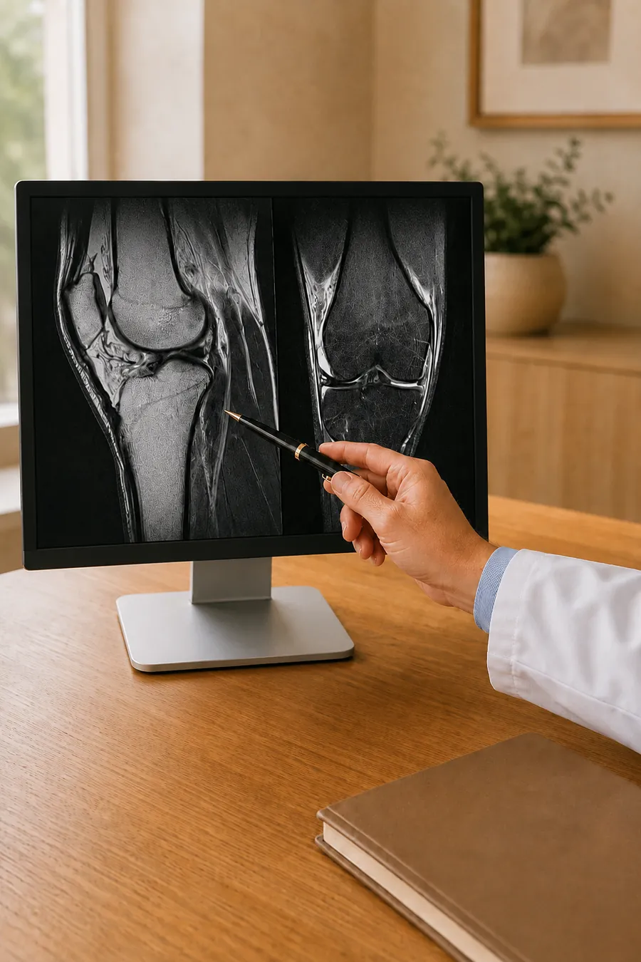 Traumatólogo señalando una resonancia magnética de rodilla en la pantalla durante la consulta